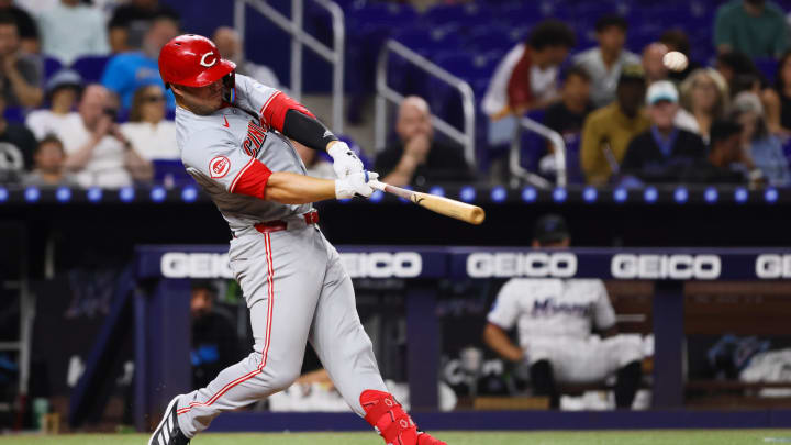 Cincinnati Reds first baseman Ty France (2) hits a solo home run against the Miami Marlins during the fifth inning at loanDepot Park on Aug 5.