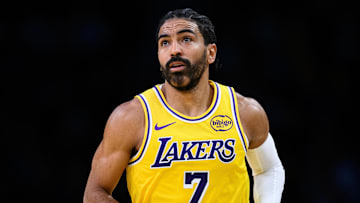 Oct 17, 2025; Los Angeles, California, USA; Los Angeles Lakers guard Gabe Vincent (7) looks on during the first half against the Sacramento Kings at Crypto.com Arena. Mandatory Credit: William Liang-Imagn Images