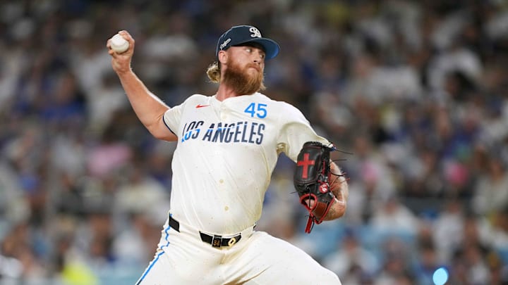 Aug 24, 2024; Los Angeles, California, USA; Los Angeles Dodgers relief pitcher Michael Kopech (45) throws in the eighth inning against the Tampa Bay Rays at Dodger Stadium. Mandatory Credit: Kirby Lee-Imagn Images