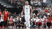 Jul 10, 2024; Las Vegas, Nevada, USA; USA guard Steph Curry (4) celebrates scoring on Canada during the first quarter of the USA Basketball Showcase at T-Mobile Arena. Mandatory Credit: Candice Ward-USA TODAY Sports