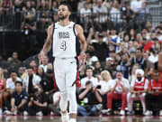 Jul 10, 2024; Las Vegas, Nevada, USA; USA guard Steph Curry (4) celebrates scoring on Canada during the first quarter of the USA Basketball Showcase at T-Mobile Arena. Mandatory Credit: Candice Ward-USA TODAY Sports