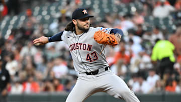 Aug 22, 2025; Baltimore, Maryland, USA;  Houston Astros pitcher Lance McCullers Jr. (43) delivers a pitch during the second inning against the Baltimore Orioles at Oriole Park at Camden Yards. Mandatory Credit: James A. Pittman-Imagn Images