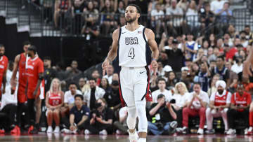Jul 10, 2024; Las Vegas, Nevada, USA; USA guard Steph Curry (4) celebrates scoring on Canada during the first quarter of the USA Basketball Showcase at T-Mobile Arena. Mandatory Credit: Candice Ward-USA TODAY Sports
