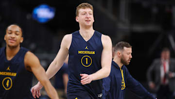 Mar 27, 2025; Atlanta, GA, USA; Michigan Wolverines center Danny Wolf (1) warms up during NCAA Tournament South Regional Practice at State Farm Arena. Mandatory Credit: Brett Davis-Imagn Images