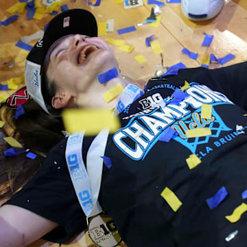 UCLA Bruins guard Gabriela Jaquez (11) reacts after her team defeats the USC Trojans during the 2025 TIAA Big Ten Women's Basketball Tournament final on Sunday, March 9, 2025, at Gainbridge Fieldhouse in Indianapolis. UCLA defeated USC 72-67.