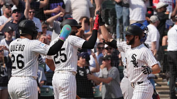 May 17, 2026: Chicago White Sox center fielder Tristan Peters (29) is greeted by right fielder Derek Hill (25) and catcher Edgar Quero (26) after hitting a three-run home run against the Chicago Cubs during the eighth inning at Rate Field. 