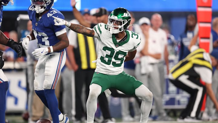Aug 16, 2025; East Rutherford, New Jersey, USA; New York Jets wide receiver Quentin Skinner (39) celebrates during the second half against the New York Giants at MetLife Stadium. Mandatory Credit: Vincent Carchietta-Imagn Images Aug 16, 2025; East Rutherford, New Jersey, USA; New York Jets wide receiver Quentin Skinner (39) celebrates during the second half against the New York Giants at MetLife Stadium. Mandatory Credit: Vincent Carchietta-Imagn Images