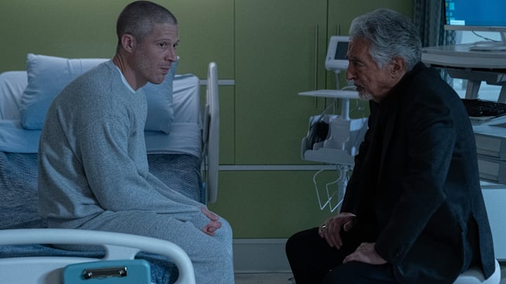 L-R: Zach Gilford as Elias Voit and Joe Mantegna as David Rossi in Criminal Minds: Evolution, episode 4, season 18 streaming on Paramount+, 2025. Photo Credit: Michael Yarish/Paramount+