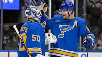 Nov 2, 2024; St. Louis, Missouri, USA;  St. Louis Blues defenseman Colton Parayko (55) and goaltender Jordan Binnington (50) celebrate after the Blues defeated the Toronto Maple Leafs at Enterprise Center. Mandatory Credit: Jeff Curry-Imagn Images