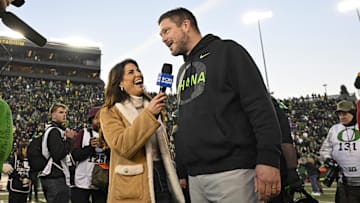 Nov 22, 2025; Eugene, Oregon, USA; Oregon Ducks head coach Dan Lanning talks to the media after the game against the Southern California Trojans at Autzen Stadium. Mandatory Credit: Troy Wayrynen-Imagn Images