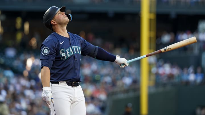 Jul 3, 2024; Seattle, Washington, USA; Seattle Mariners first baseman Ty France (23) reacts after hitting a foul ball against the Baltimore Orioles during the second inning at T-Mobile Park. Mandatory Credit: Joe Nicholson-USA TODAY Sports