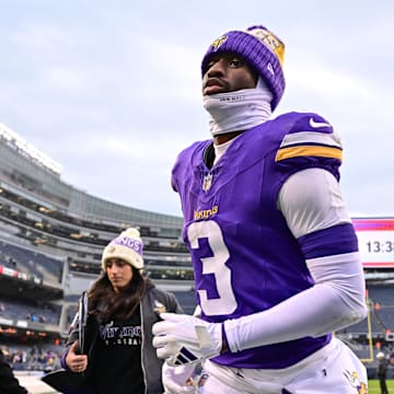 Nov 24, 2024; Chicago, Illinois, USA; Minnesota Vikings wide receiver Jordan Addison (3) exits the field after the game against the Chicago Bears at Soldier Field. Mandatory Credit: Daniel Bartel-Imagn Images