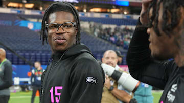 Colorado defensive back Travis Hunter looks on during the 2025 NFL Combine at Lucas Oil Stadium. 