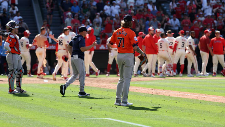 Jun 9, 2024; Anaheim, California, USA;  Houston Astros relief pitcher Josh Hader (71) reacts after giving up a game winning 2-run home run to Los Angeles Angels catcher Logan O'Hoppe (14) in bottom of the ninth inning at Angel Stadium. Mandatory Credit: Kiyoshi Mio-USA TODAY Sports