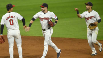 Aug 14, 2024; Cleveland, Ohio, USA; The Cleveland Guardians celebrate a win over the Chicago Cubs at Progressive Field. Mandatory Credit: David Richard-USA TODAY Sports
