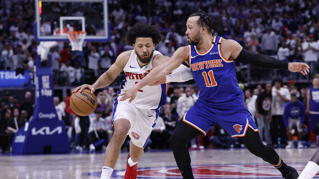 May 1, 2025; Detroit, Michigan, USA; Detroit Pistons guard Cade Cunningham (2) dribbles defended by New York Knicks guard Jalen Brunson (11) in the second half during game six of first round for the 2024 NBA Playoffs at Little Caesars Arena. Mandatory Credit: Rick Osentoski-Imagn Images