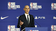 [US, Mexico, & Canada customers only] Jan 23, 2025; Paris, FRANCE; NBA commissioner Adam Silver speaks before the Paris Games 2025 NBA basketball game between the San Antonio Spurs and Indiana Pacers at Accor Arena. Mandatory Credit: Stephanie Lecocq/Reuters via Imagn Images