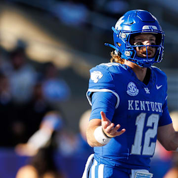 Sep 7, 2024; Lexington, Kentucky, USA; Kentucky Wildcats quarterback Brock Vandagriff (12) looks to the sideline during the third quarter against the South Carolina Gamecocks at Kroger Field. Mandatory Credit: Jordan Prather-Imagn Images