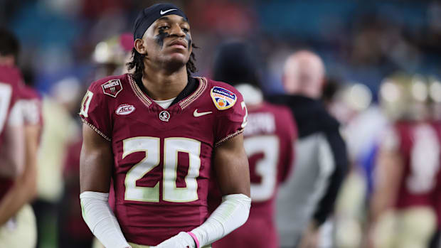 Dec 30, 2023; Miami Gardens, FL, USA;Florida State Seminoles defensive back Azareye'h Thomas (20) reacts after the 2023 Orang