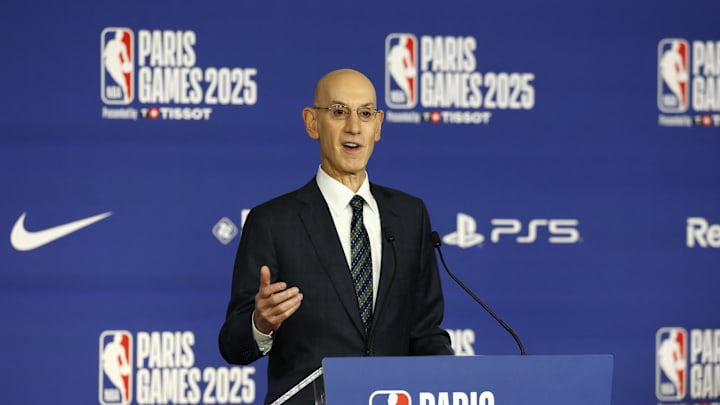 [US, Mexico, & Canada customers only] Jan 23, 2025; Paris, FRANCE; NBA commissioner Adam Silver speaks before the Paris Games 2025 NBA basketball game between the San Antonio Spurs and Indiana Pacers at Accor Arena. Mandatory Credit: Stephanie Lecocq/Reuters via Imagn Images