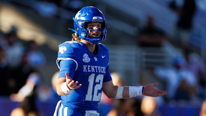 Sep 7, 2024; Lexington, Kentucky, USA; Kentucky Wildcats quarterback Brock Vandagriff (12) looks to the sideline during the third quarter against the South Carolina Gamecocks at Kroger Field. Mandatory Credit: Jordan Prather-Imagn Images