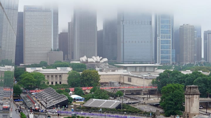Jul 2, 2023; Chicago, Illinois, USA; A general view of turns nine and ten in front of an obscured skyline before the Grant Park 220 of the Chicago Street Race viewed from the eRacing Association turn 7 Skydeck at Venue Six10.