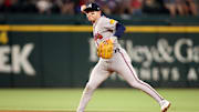 Atlanta Braves shortstop Nick Allen throws the ball to first base during the sixth inning against the Texas Rangers.