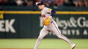 Atlanta Braves shortstop Nick Allen throws the ball to first base during the sixth inning against the Texas Rangers.