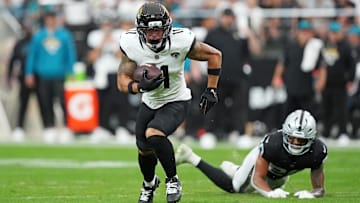 Nov 2, 2025; Paradise, Nevada, USA; Jacksonville Jaguars wide receiver Parker Washington (11) runs the ball during the first half against the Las Vegas Raiders at Allegiant Stadium. 