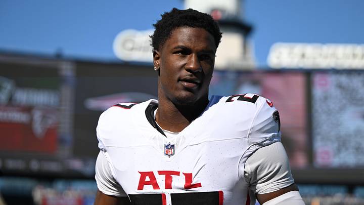Nov 2, 2025; Foxborough, Massachusetts, USA;  Atlanta Falcons linebacker James Pearce Jr. (27) warms up prior to the game against the New England Patriots at Gillette Stadium. Mandatory Credit: Brian Fluharty-Imagn Images