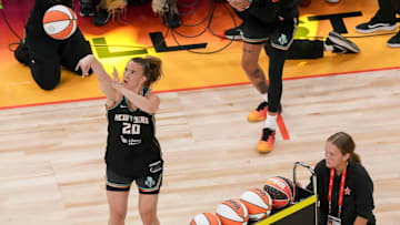 New York Liberty guard Sabrina Ionescu competes during the WNBA All-Star 3-point contest at Gainbridge Fieldhouse in Indianapolis on July 18, 2025.