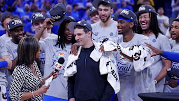 May 28, 2025; Oklahoma City, Oklahoma, USA; Oklahoma City Thunder head coach Mark Daigneault celebrates with his team after defeating the Minnesota Timberwolves in game five to win the western conference finals for the 2025 NBA Playoffs at Paycom Center. Mandatory Credit: Alonzo Adams-Imagn Images