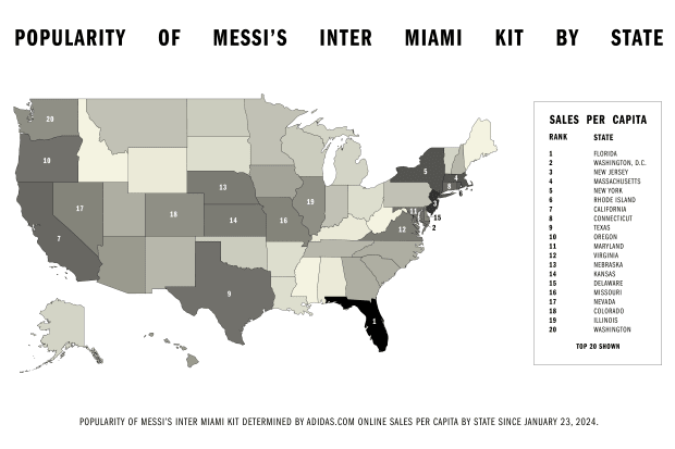 Map showing Lionel Messi's soccer jersey sales.