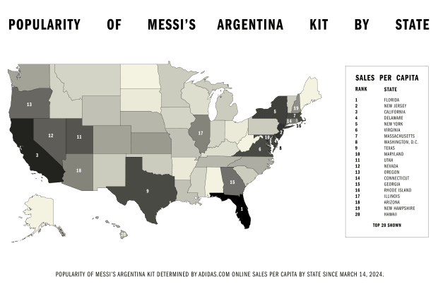Map showing Lionel Messi's soccer jersey sales.