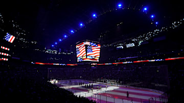 May 2, 2019; Columbus, OH, USA; A view of the arena during the national anthem prior to the game of the Boston Bruins against the Columbus Blue Jackets during game four of the second round of the 2019 Stanley Cup Playoffs at Nationwide Arena. 
