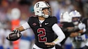 Oct 19, 2024; Stanford, California, USA; Stanford Cardinal quarterback Elijah Brown (2) throws a pass against the Southern Methodist Mustangs/ during the third quarter at Stanford Stadium. Mandatory Credit: Darren Yamashita-Imagn Images