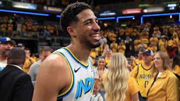Indiana Pacers guard Tyrese Haliburton (0) in a playoff game against the Milwaukee Bucks.