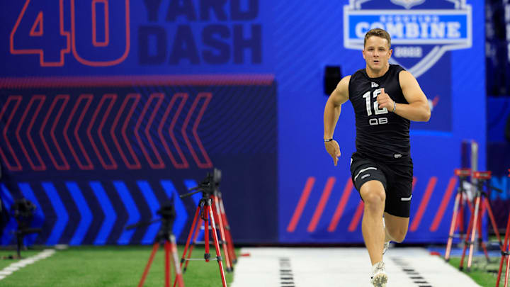 Quarterback Brock Purdy runs at the NFL Combine