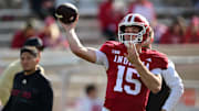 Indiana Hoosiers quarterback Fernando Mendoza (15) throws a pass during warm ups before the game against the Wisconsin Badgers at Memorial Stadium.