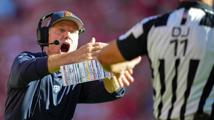 Matt Eberflus tries to get the attention of officials in a game the Bears lost 41-10 to the Chiefs.