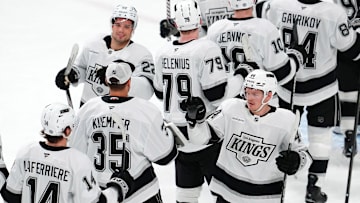 Mar 9, 2025; Las Vegas, Nevada, USA; Los Angeles Kings players celebrate after defeating the Vegas Golden Knights 6-5 at T-Mobile Arena. Mandatory Credit: Stephen R. Sylvanie-Imagn Images