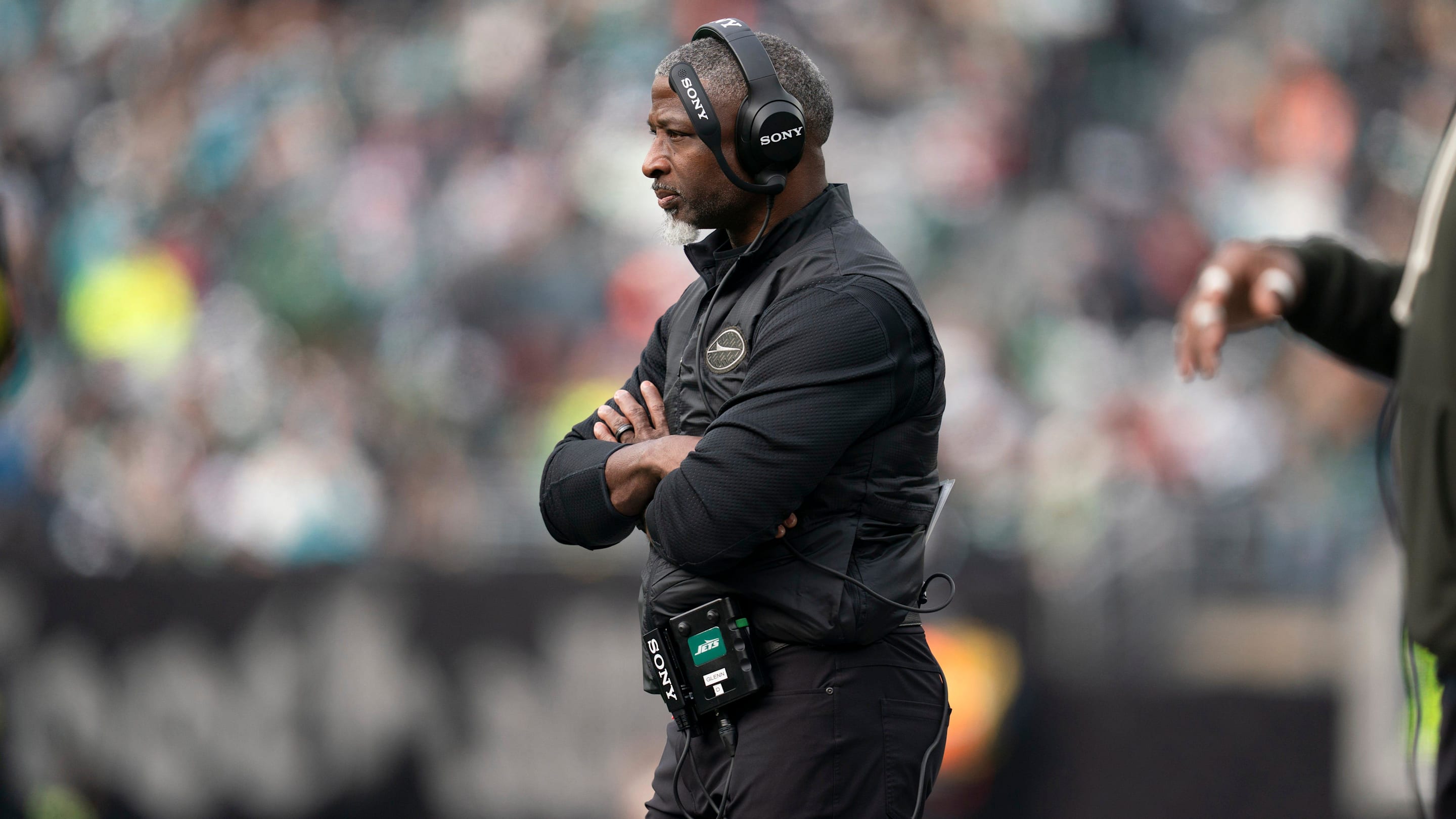 New York Jets head coach Aaron Glenn watches his team from the sidelines during a week 14 football game between the New York Jets and Miami Dolphins at MetLife Stadium on Sunday, Dec. 7, 2025.