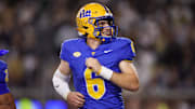 Nov 22, 2025; Atlanta, Georgia, USA; Pittsburgh Panthers quarterback Mason Heintschel (6) reacts after a touchdown against the Georgia Tech Yellow Jackets in the second quarter at Bobby Dodd Stadium at Hyundai Field. Mandatory Credit: Brett Davis-Imagn Images