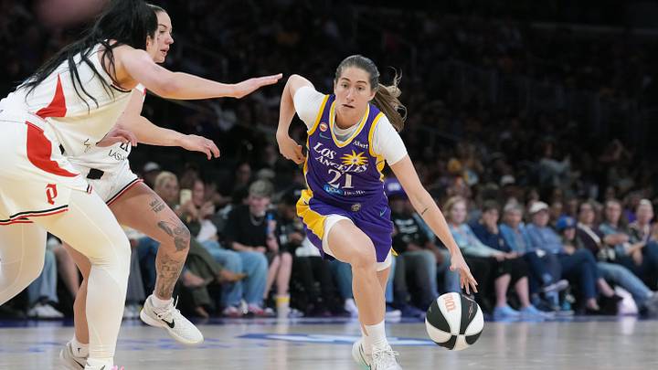 Jun 7, 2026; Los Angeles, California, USA; LA Sparks guard Kate Martin (21) drives to the basket against the Portland Fire in the second half at Crypto.com Arena. Mandatory Credit: Kirby Lee-Imagn Images