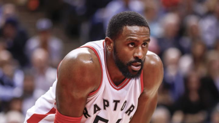 Jan 24, 2017; Toronto, Ontario, CAN; Toronto Raptors forward Patrick Patterson (54) sets for a foul shot against the San Antonio Spurs during the second half at Air Canada Centre. The Spurs won 108-106. Mandatory Credit: Kevin Sousa-USA TODAY Sports