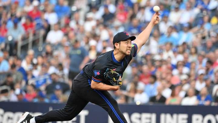 Jun 17, 2024; Toronto, Ontario, CAN;  Toronto Blue Jays starting pitcher Yusei Kikuchi (16) delivers a pitch against the Boston Red Sox in the first inning at Rogers Centre. Mandatory Credit: Dan Hamilton-USA TODAY Sports