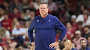 Oct 25, 2024; Fayetteville, AR, USA; Kansas Jayhawks head coach Bill Self during the second half against the Arkansas Razorbacks at Bud Walton Arena. Mandatory Credit: Nelson Chenault-Imagn Images