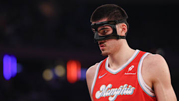 Jan 27, 2025; New York, New York, USA; Memphis Grizzlies center Zach Edey (14) looks up during the first half against the New York Knicks at Madison Square Garden. Mandatory Credit: Vincent Carchietta-Imagn Images