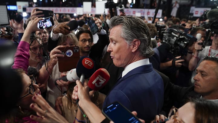 Jun 27, 2024; Atlanta, GA, USA; California Governor Gavin Newsom making media rounds in the Spin Room at Georgia Tech’s McCamish Pavilion after the CNN Presidential Debate between President Joe Biden and former President Donald Trump held at CNN's studios in Atlanta. CNN Anchors Jake Tapper and Dana Bash are moderators of the debate. 