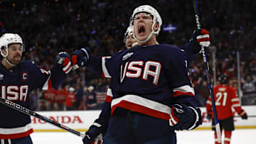 Feb 20, 2025; Boston, MA, USA; [Imagn Images direct customers only] United States forward Brady Tkachuk belebrates his goal during the 4 Nations Face-Off ice hockey championship game against Canada at TD Garden. Mandatory Credit: Winslow Townson-Imagn Images